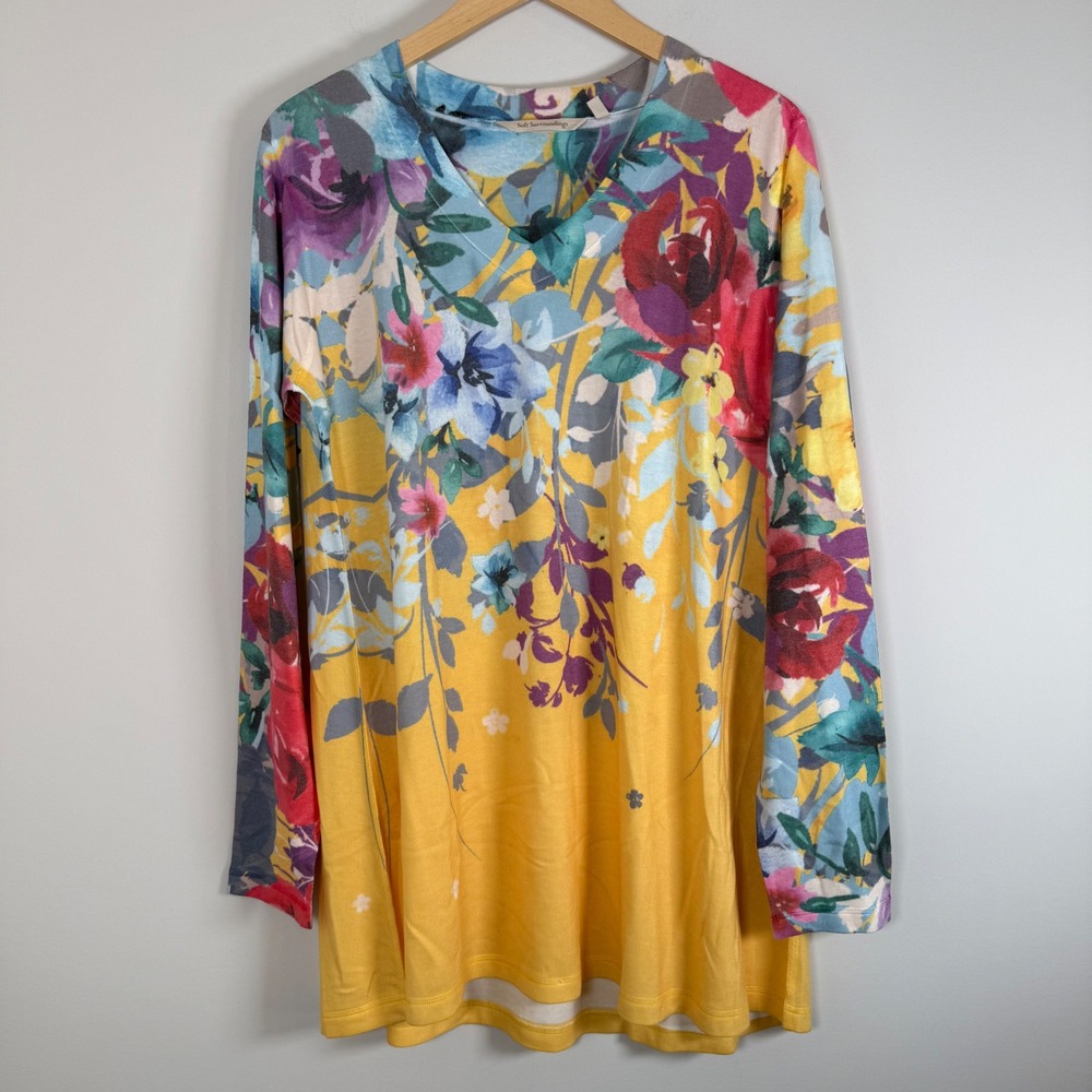 Soft Surroundings Delphine Floral Print V-Neck Lightweight Tunic Sweater Large